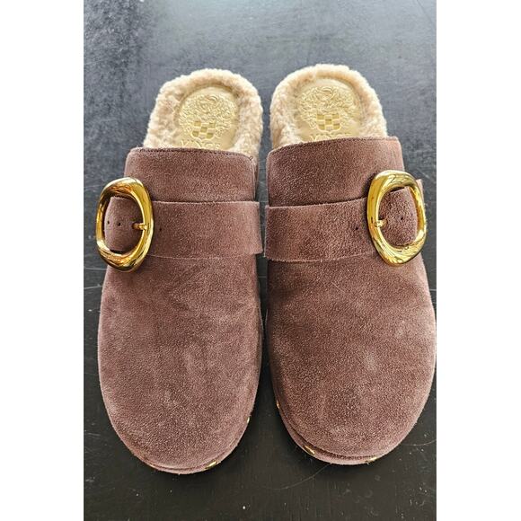 Vince Camuto Faux Fur Fleece‎ Mules Canzenee Clog Women Size 6.5 Brown Leather - Picture 2 of 8